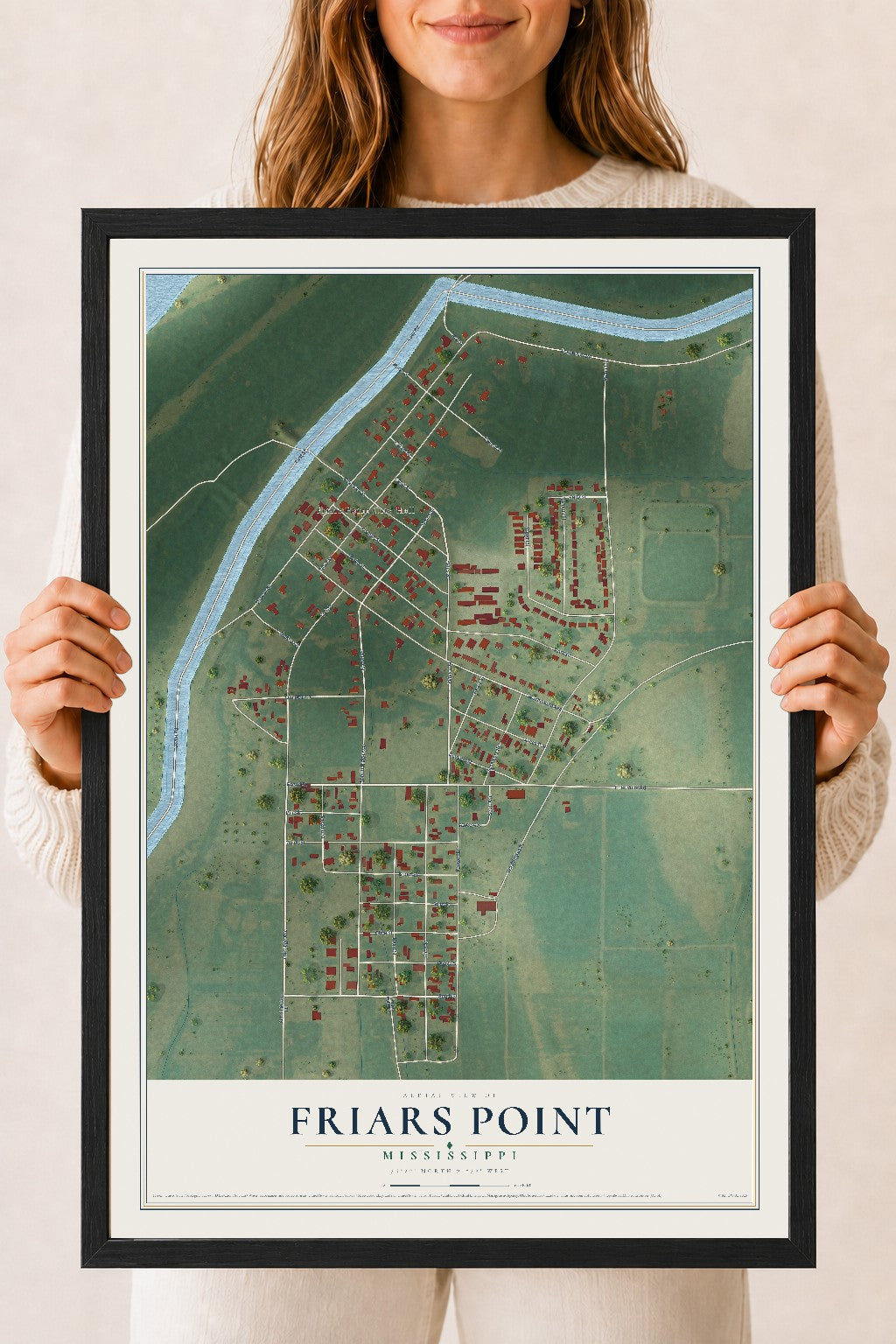Map of Friars Point, Mississippi, 18 x 24 inch print in a black wood frame