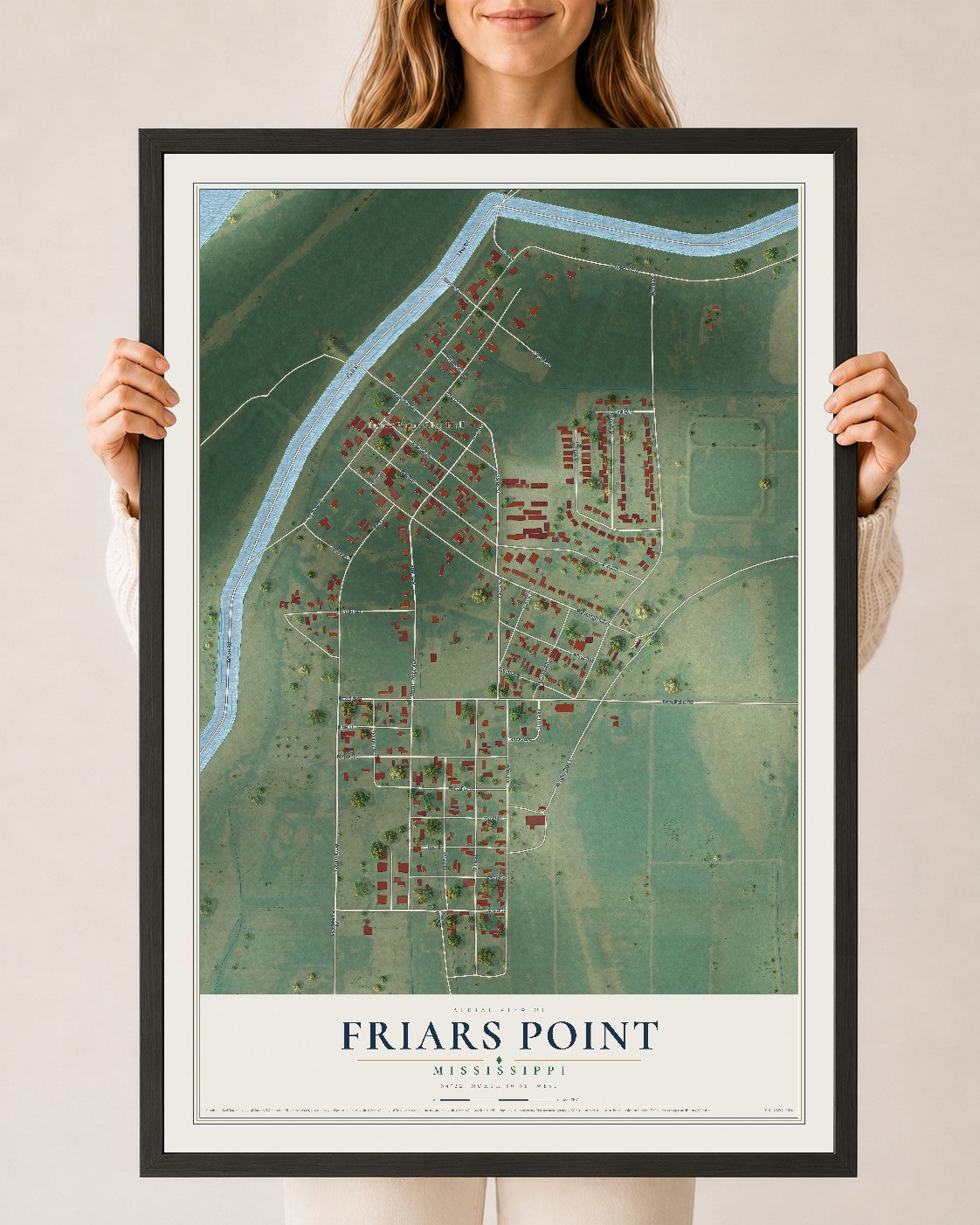 Map of Friars Point, Mississippi, 24 x 36 inch print in a black wood frame
