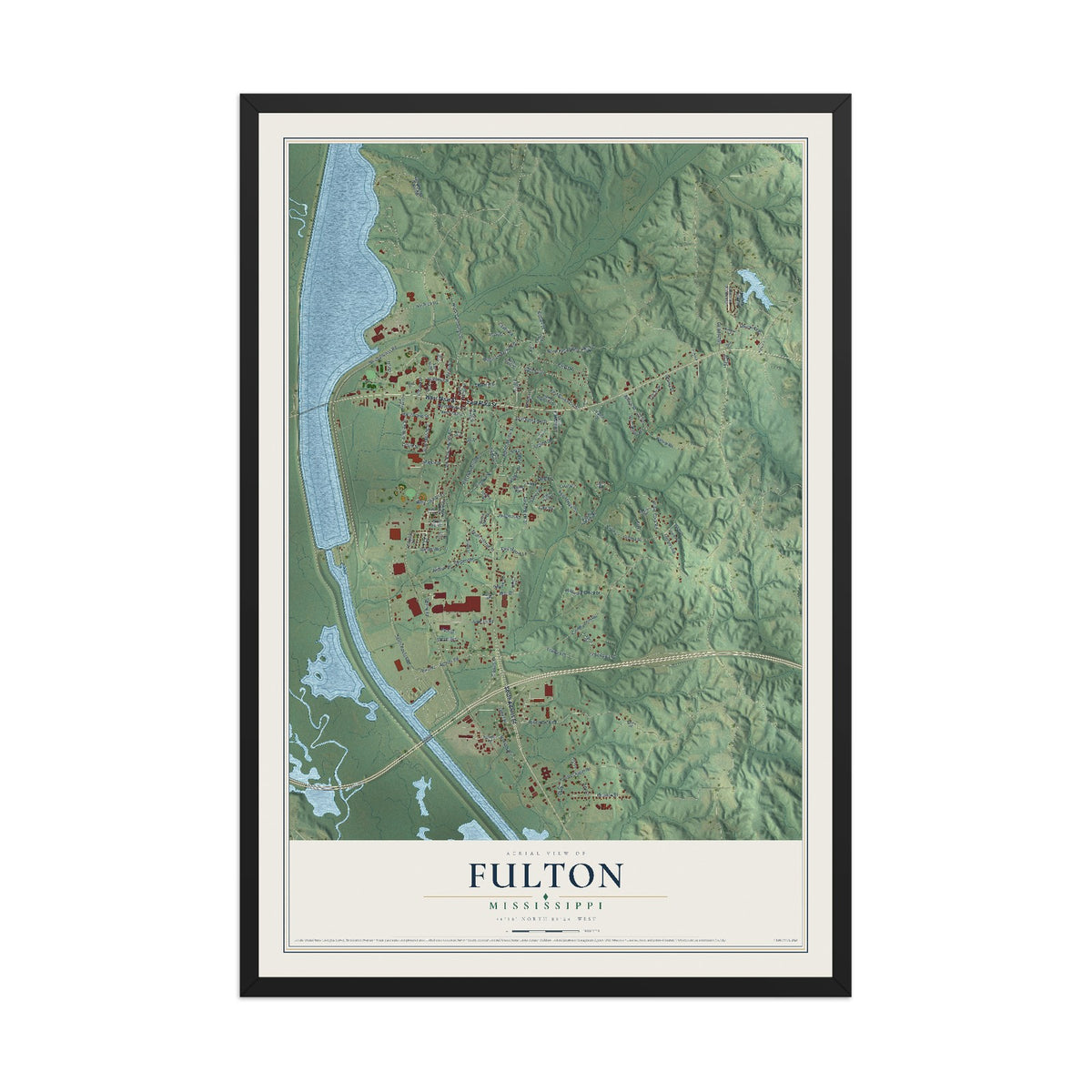 Map of Fulton, Mississippi, 12 x 18 inch print in a black wood frame