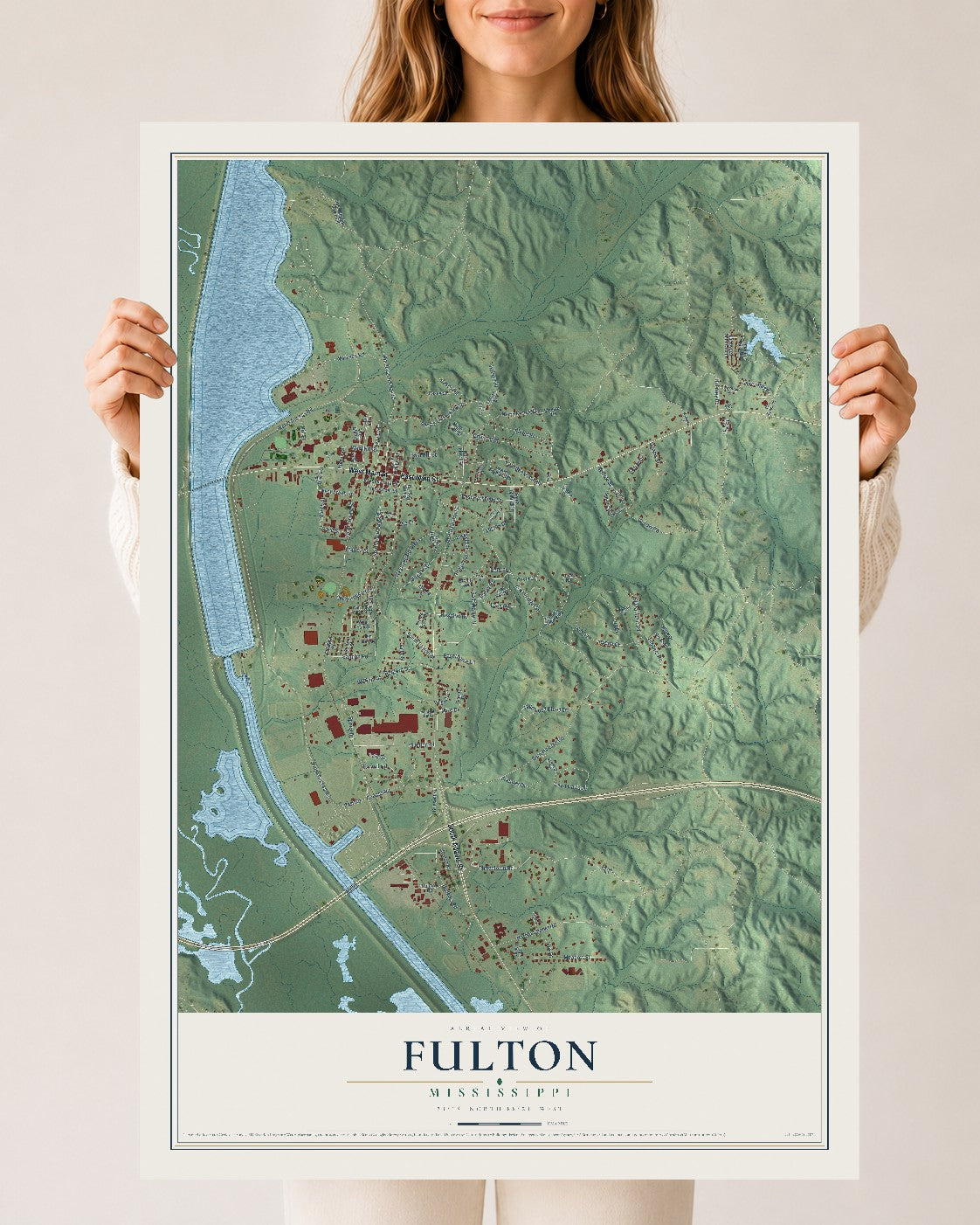 Map of Fulton, Mississippi, 24 x 36 inch unframed archival matte print