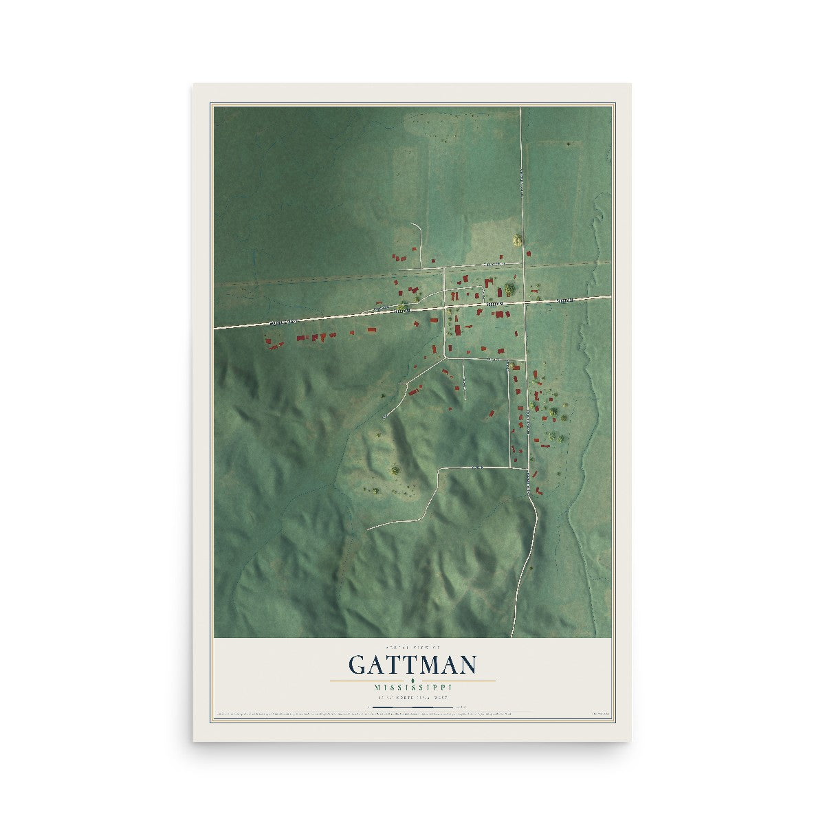 Map of Gattman, Mississippi, 12 x 18 inch unframed archival matte print