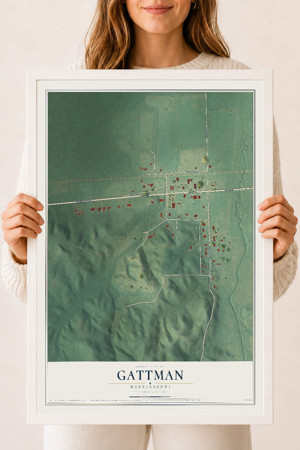 Map of Gattman, Mississippi, 18 x 24 inch print in a white wood frame