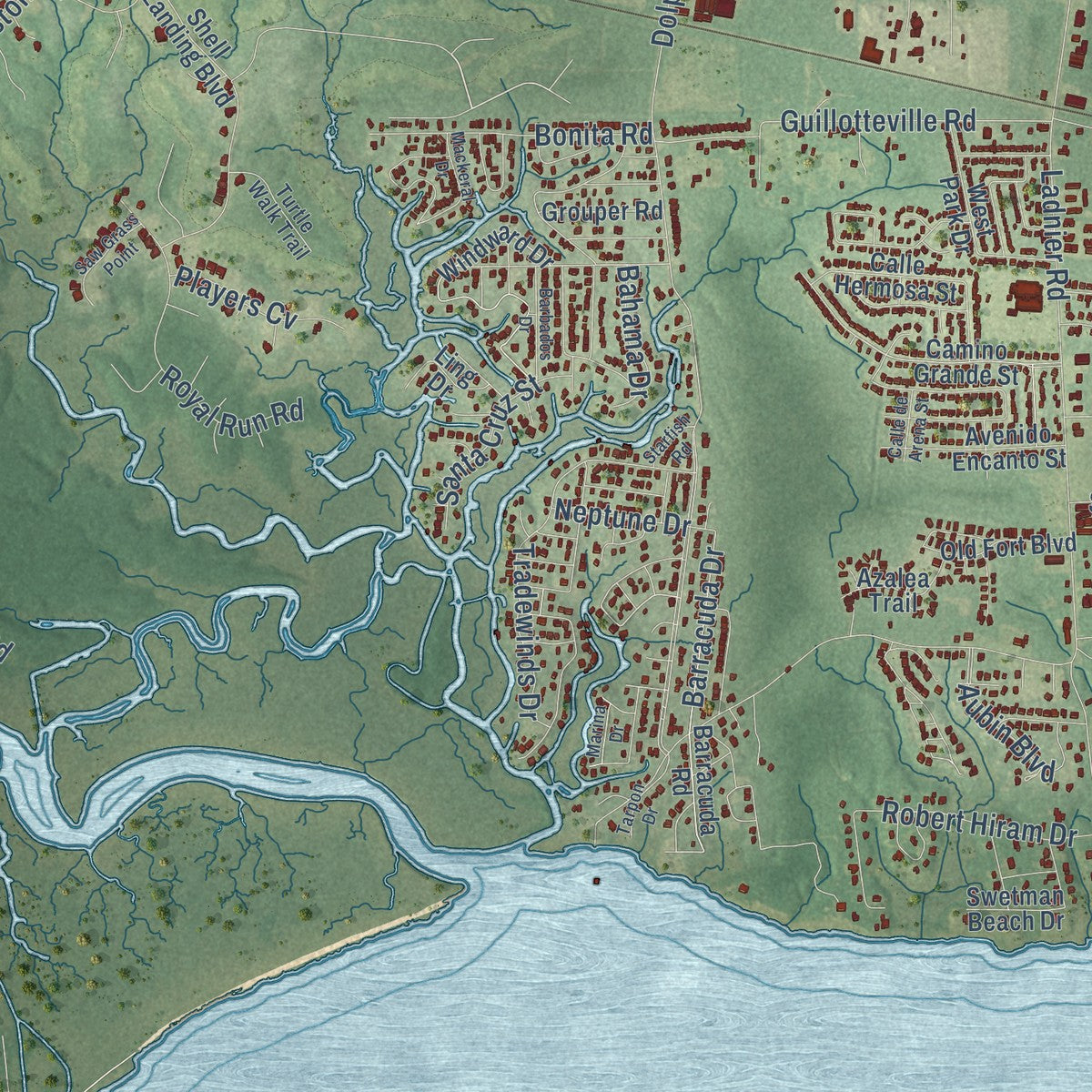Close-up of the map of Gautier, Mississippi print showing street and building detail