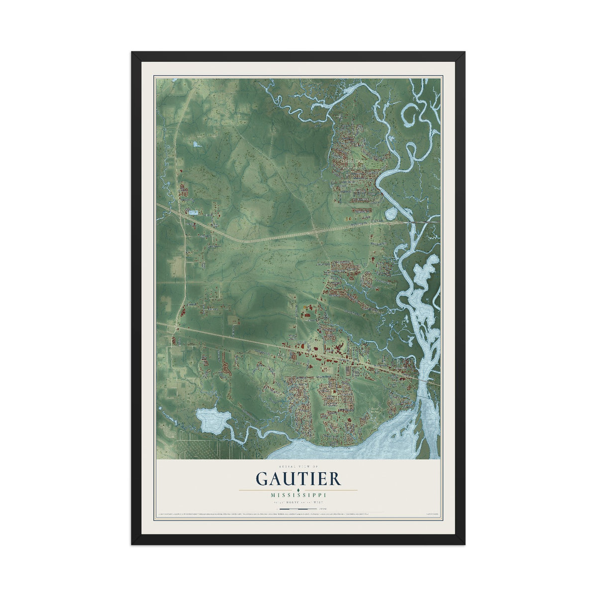 Map of Gautier, Mississippi, 12 x 18 inch print in a black wood frame