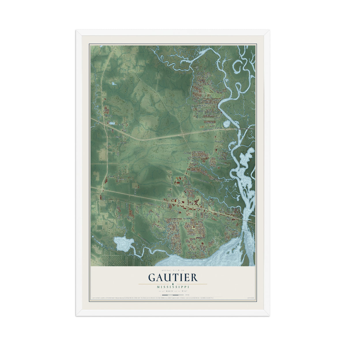 Map of Gautier, Mississippi, 12 x 18 inch print in a white wood frame