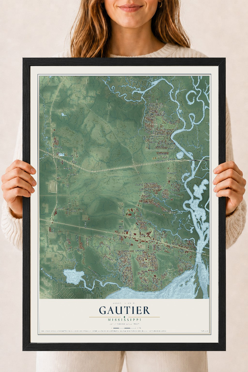 Map of Gautier, Mississippi, 18 x 24 inch print in a black wood frame
