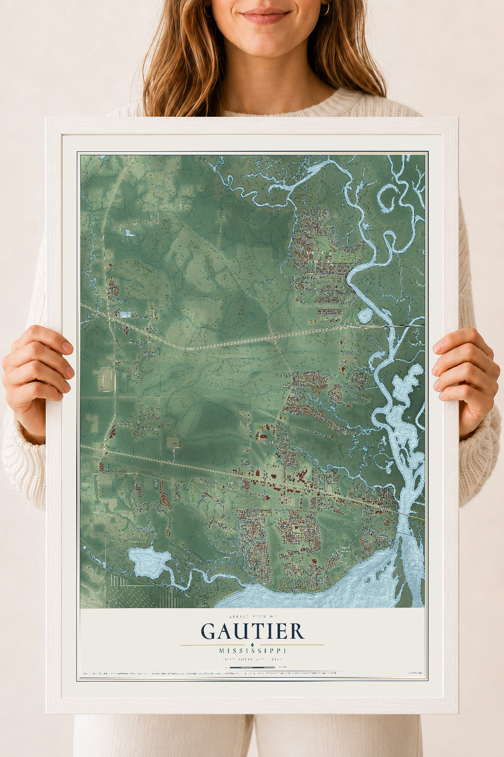 Map of Gautier, Mississippi, 18 x 24 inch print in a white wood frame
