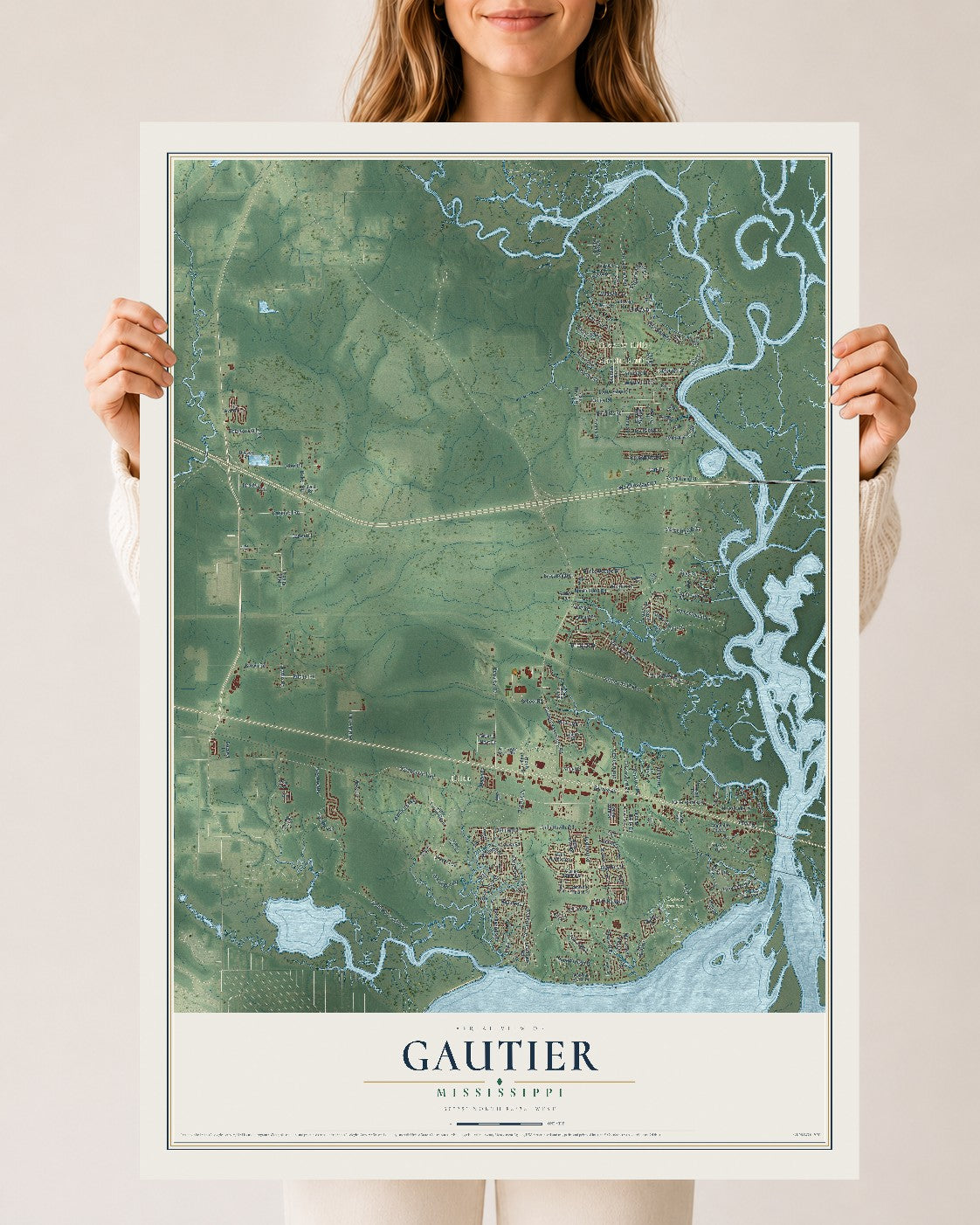 Map of Gautier, Mississippi, 24 x 36 inch unframed archival matte print