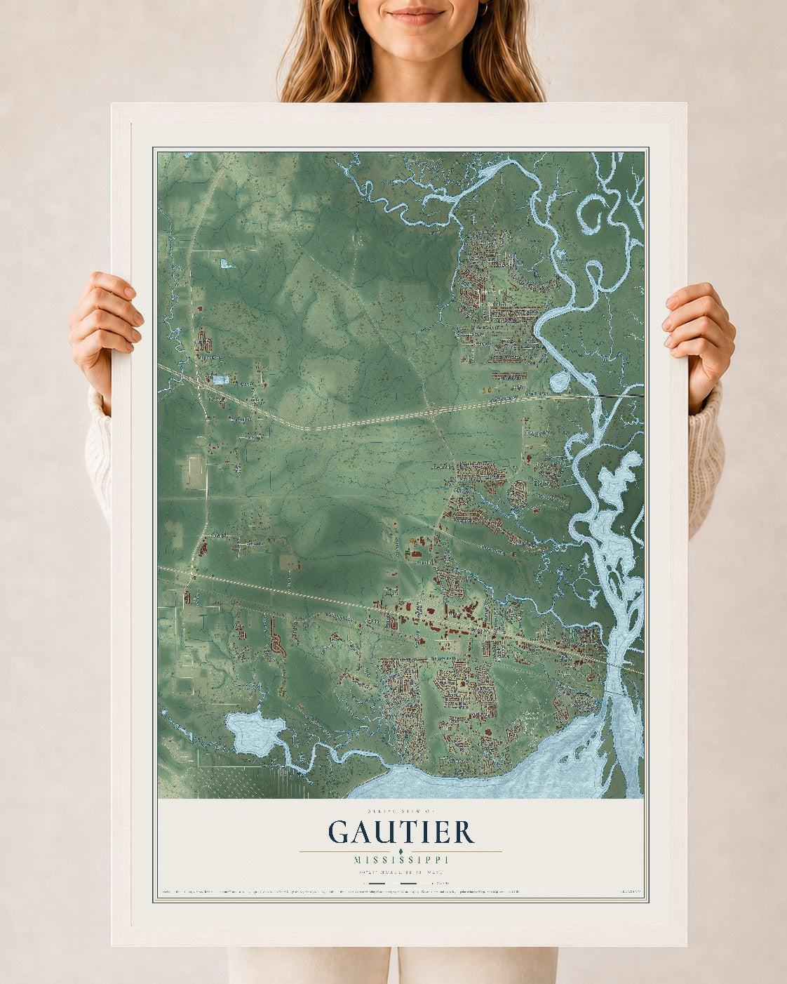 Map of Gautier, Mississippi, 24 x 36 inch print in a white wood frame
