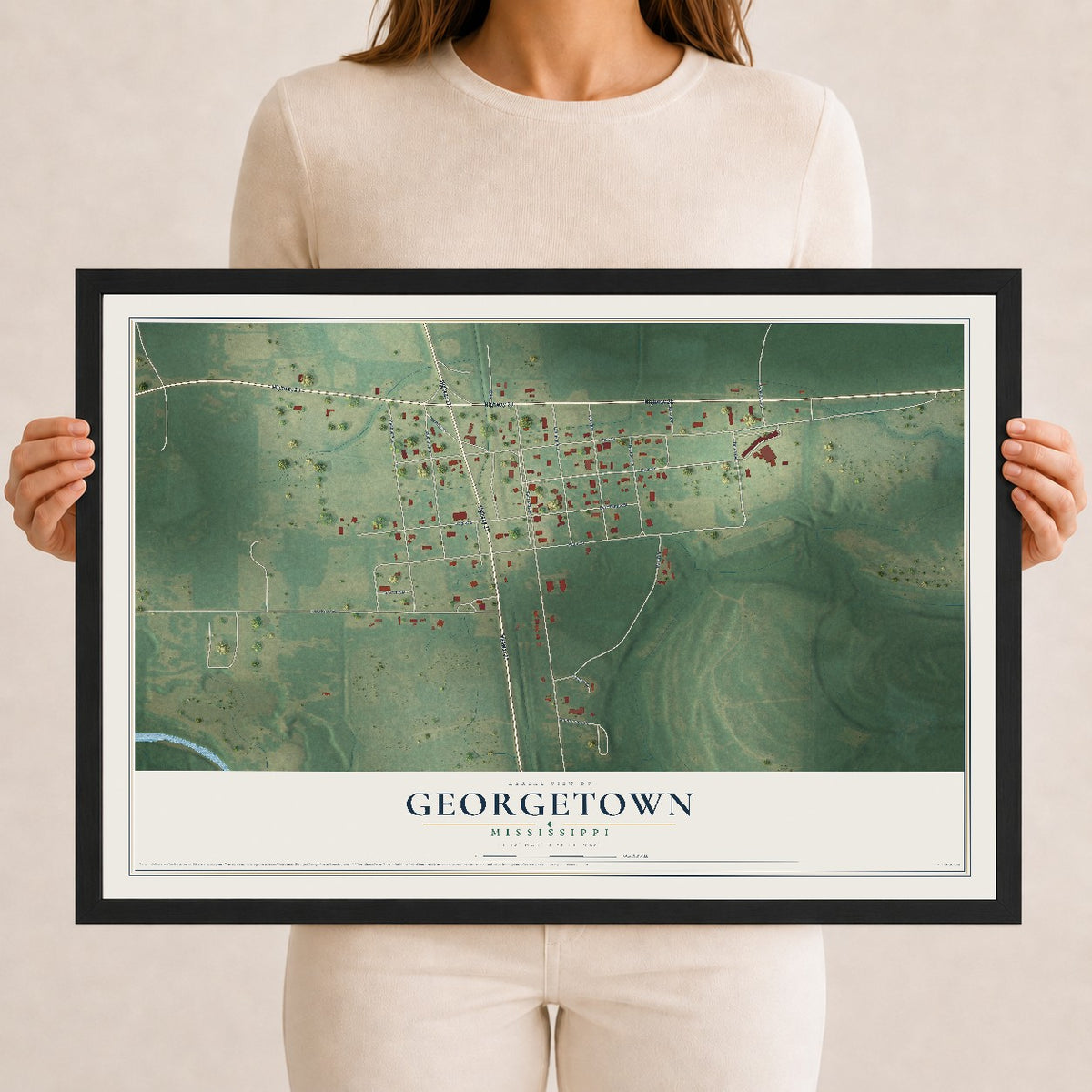 Map of Georgetown, Mississippi, 12 x 18 inch print in a black wood frame
