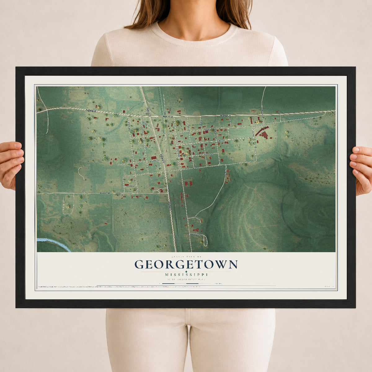 Map of Georgetown, Mississippi, 18 x 24 inch print in a black wood frame
