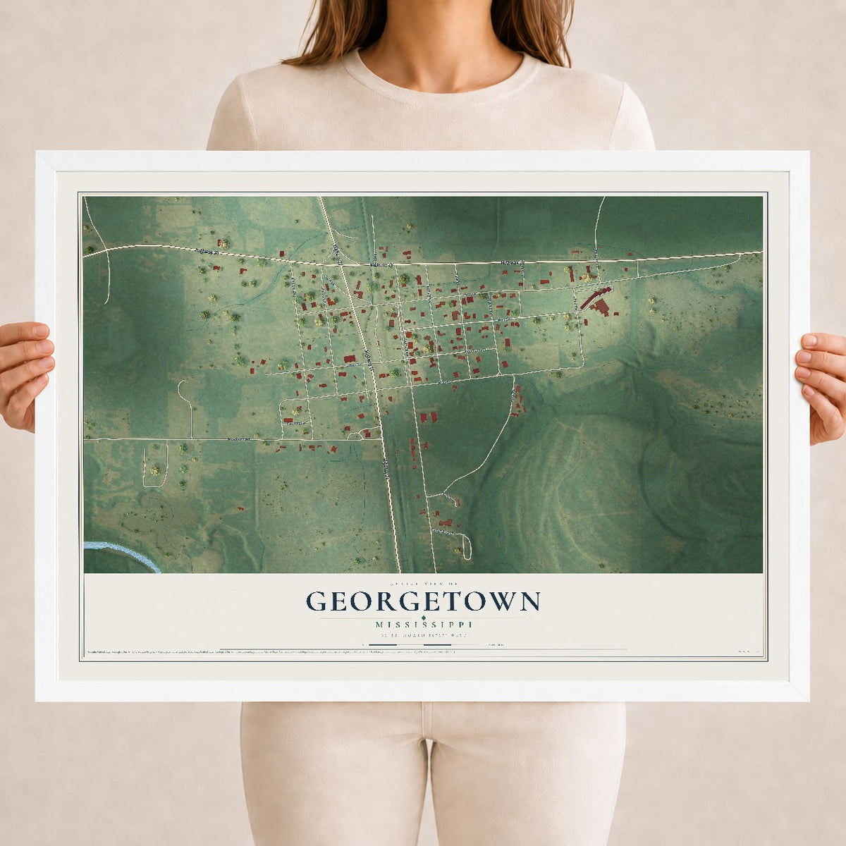 Map of Georgetown, Mississippi, 18 x 24 inch print in a white wood frame