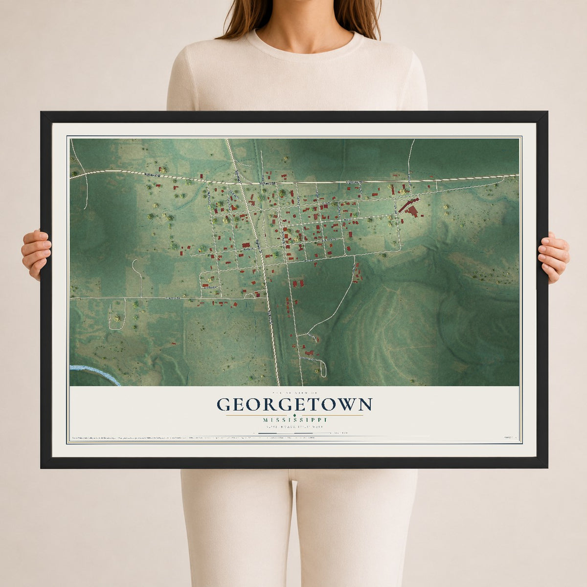 Map of Georgetown, Mississippi, 24 x 36 inch print in a black wood frame