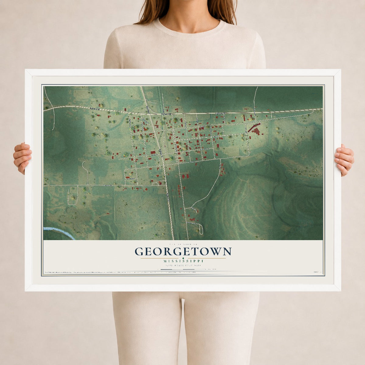 Map of Georgetown, Mississippi, 24 x 36 inch print in a white wood frame
