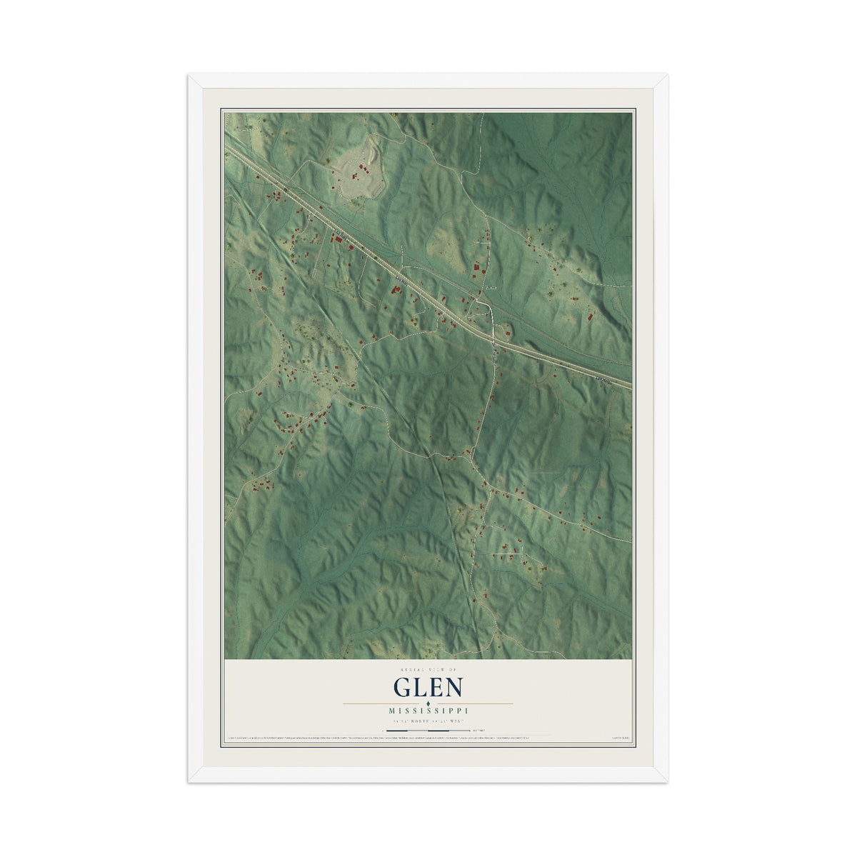 Map of Glen, Mississippi, 12 x 18 inch print in a white wood frame