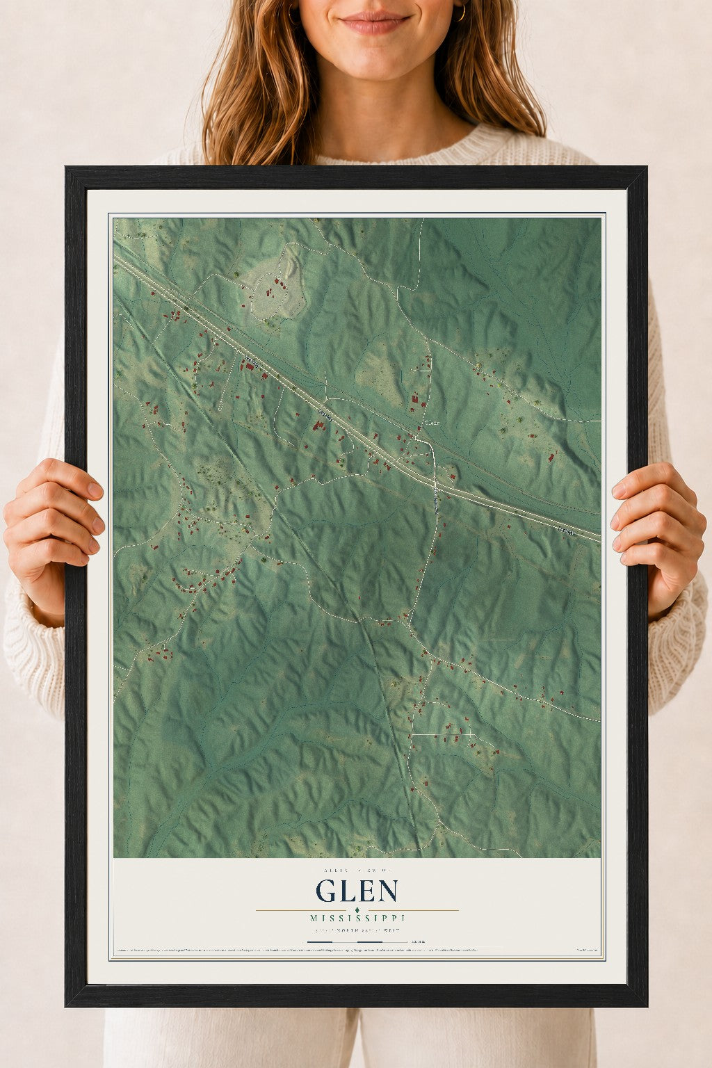 Map of Glen, Mississippi, 18 x 24 inch print in a black wood frame