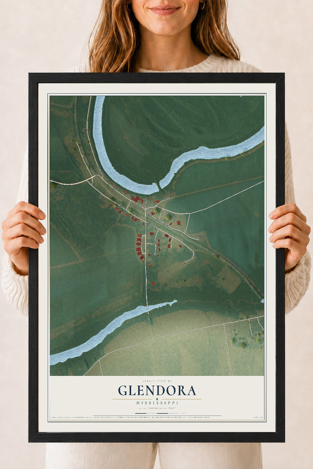Map of Glendora, Mississippi, 18 x 24 inch print in a black wood frame