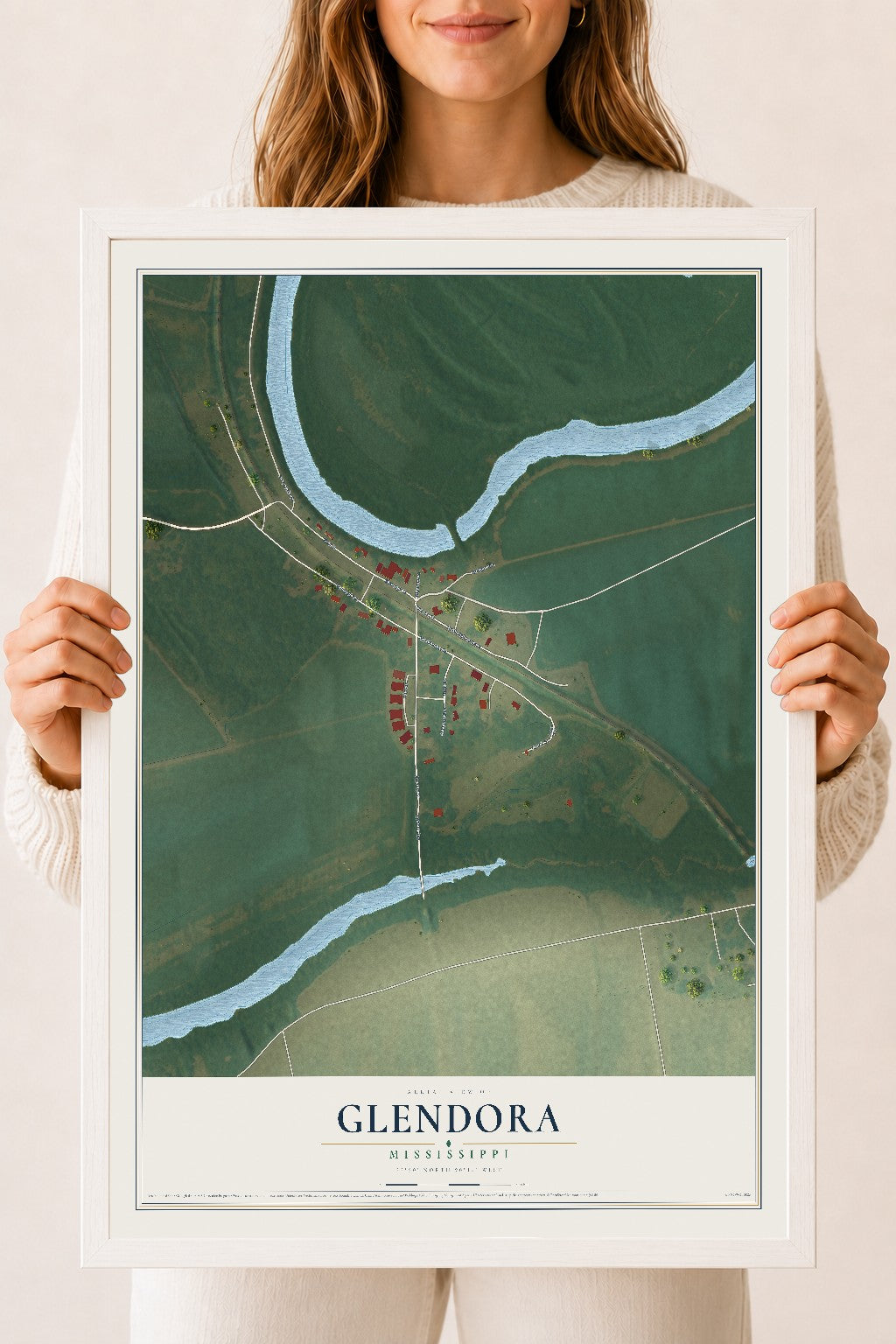 Map of Glendora, Mississippi, 18 x 24 inch print in a white wood frame