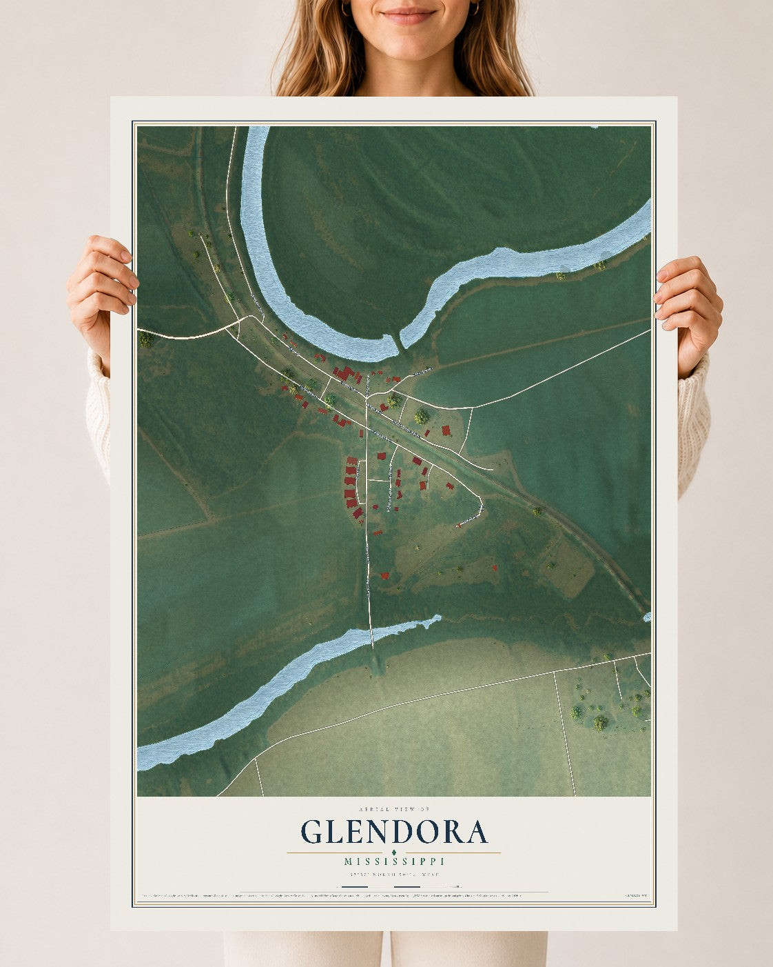 Map of Glendora, Mississippi, 24 x 36 inch unframed archival matte print