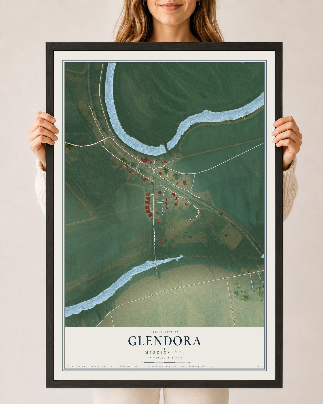 Map of Glendora, Mississippi, 24 x 36 inch print in a black wood frame