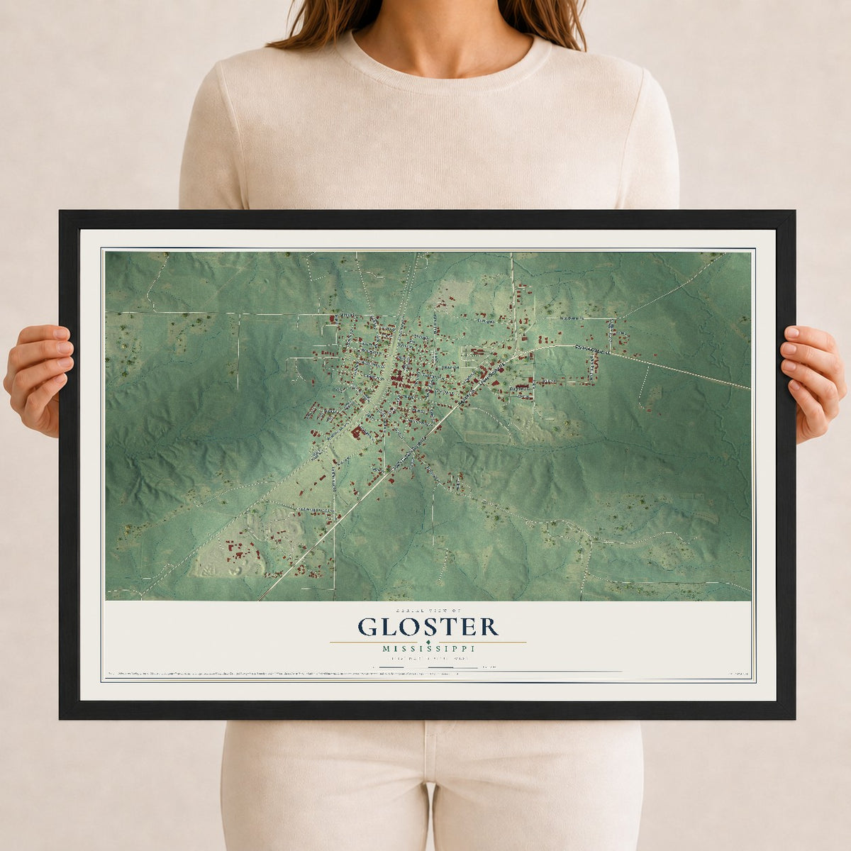 Map of Gloster, Mississippi, 12 x 18 inch print in a black wood frame