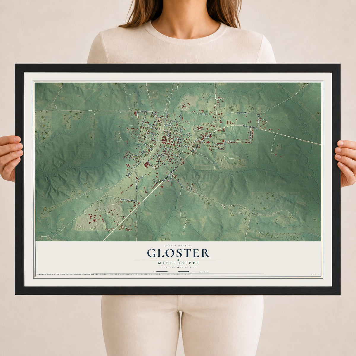 Map of Gloster, Mississippi, 18 x 24 inch print in a black wood frame