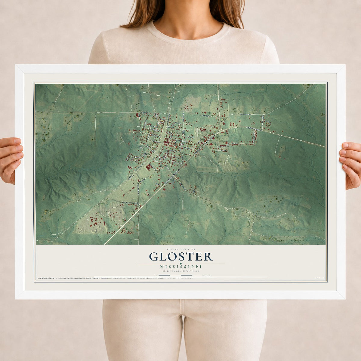 Map of Gloster, Mississippi, 18 x 24 inch print in a white wood frame