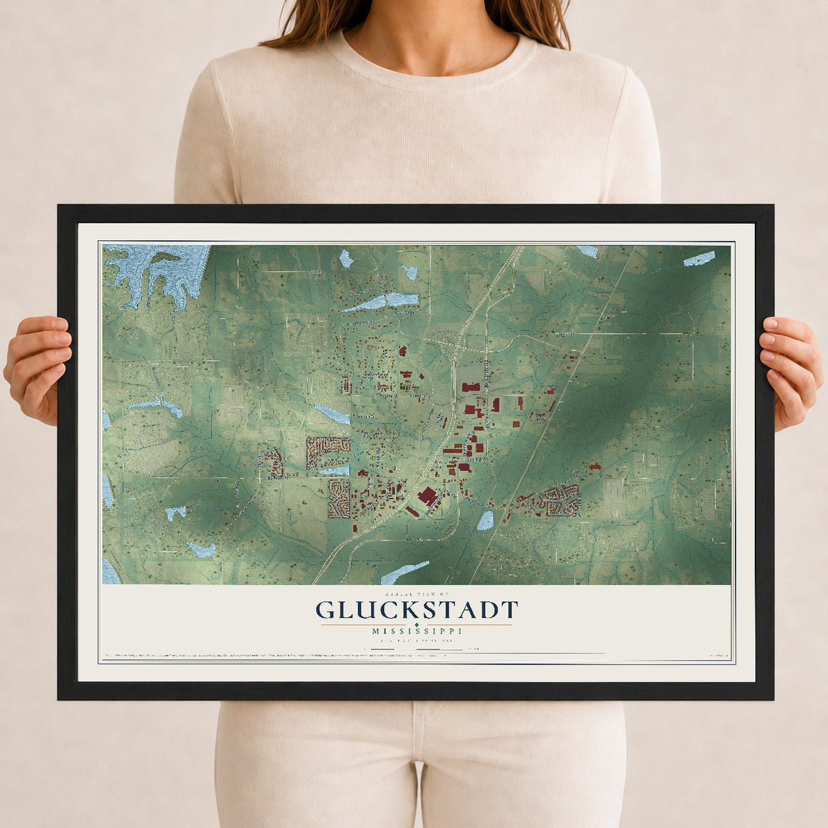 Map of Gluckstadt, Mississippi, 12 x 18 inch print in a black wood frame