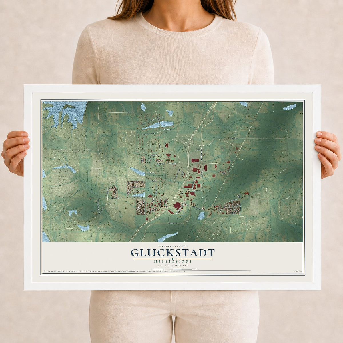 Map of Gluckstadt, Mississippi, 12 x 18 inch print in a white wood frame