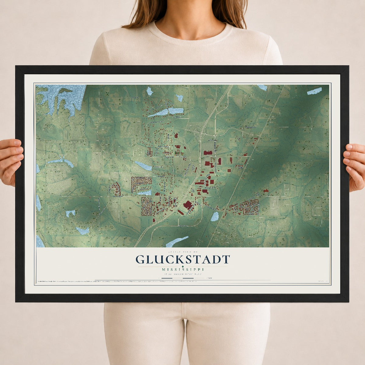 Map of Gluckstadt, Mississippi, 18 x 24 inch print in a black wood frame