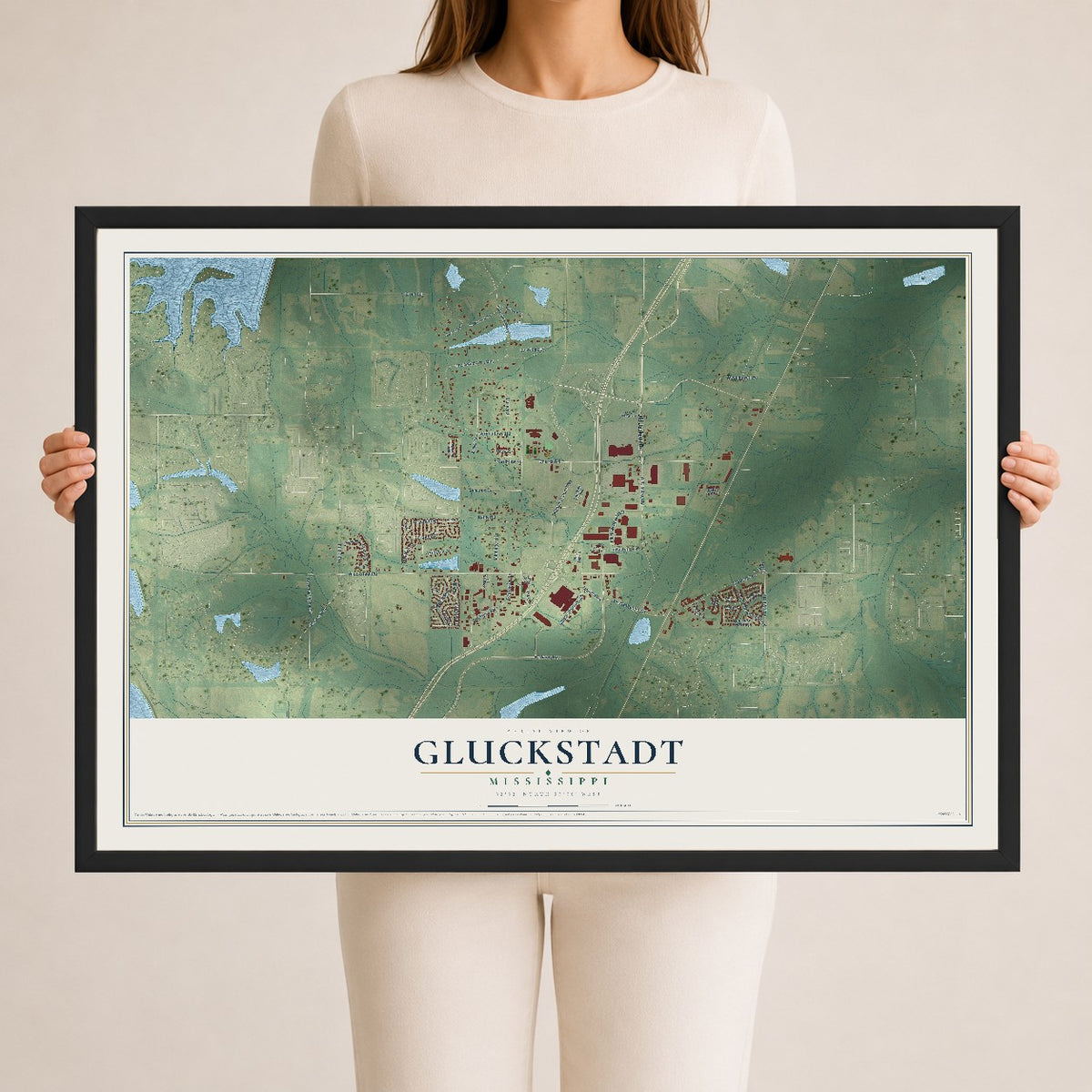 Map of Gluckstadt, Mississippi, 24 x 36 inch print in a black wood frame