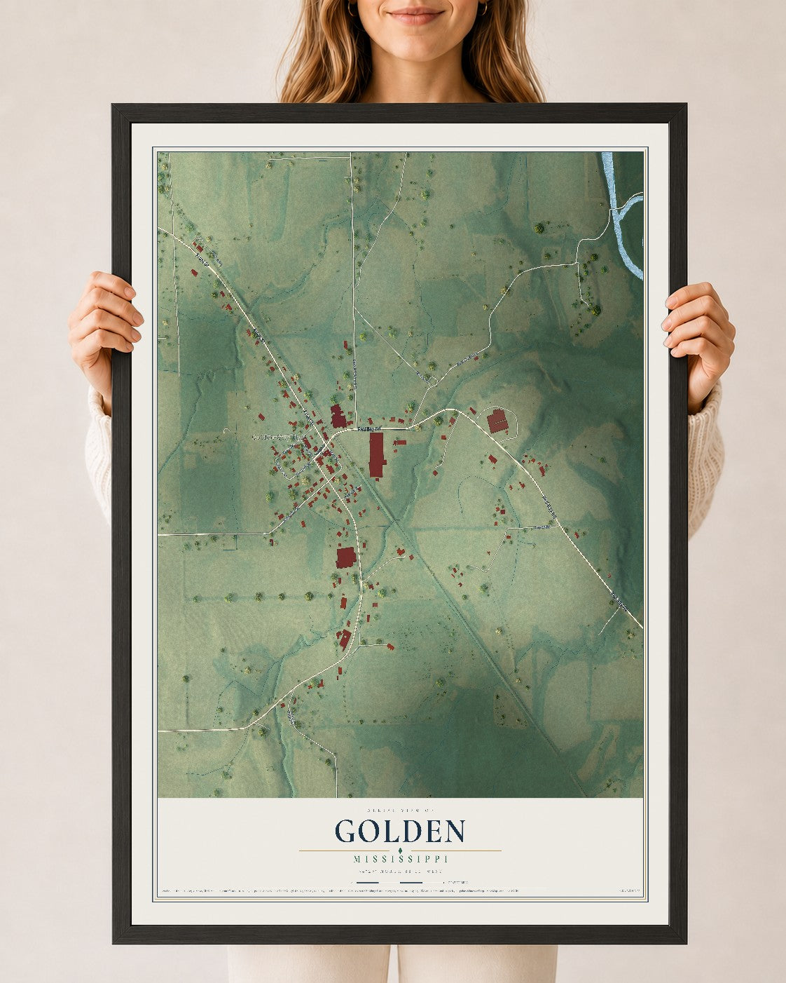 Map of Golden, Mississippi, 24 x 36 inch print in a black wood frame