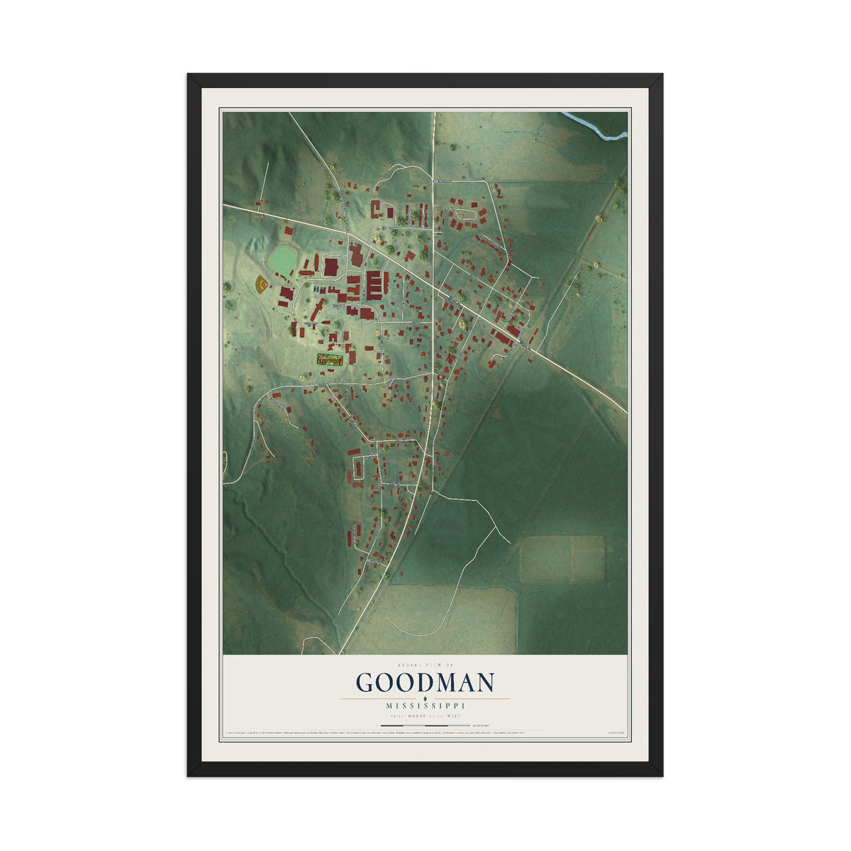 Map of Goodman, Mississippi, 12 x 18 inch print in a black wood frame