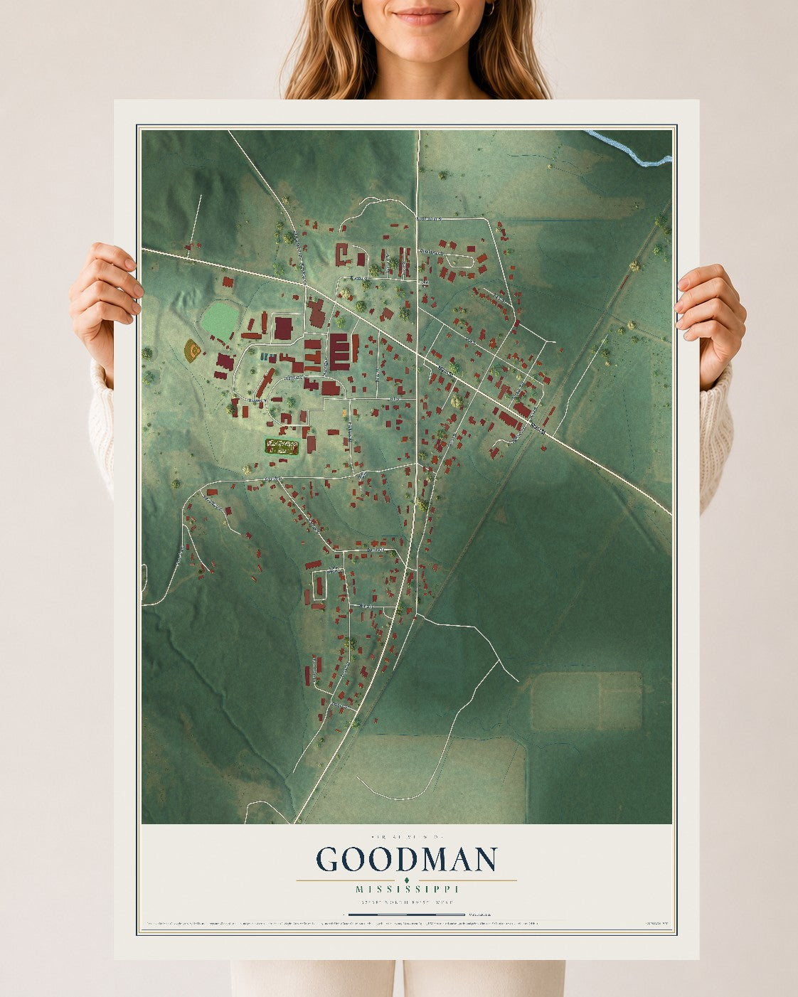 Map of Goodman, Mississippi, 24 x 36 inch unframed archival matte print