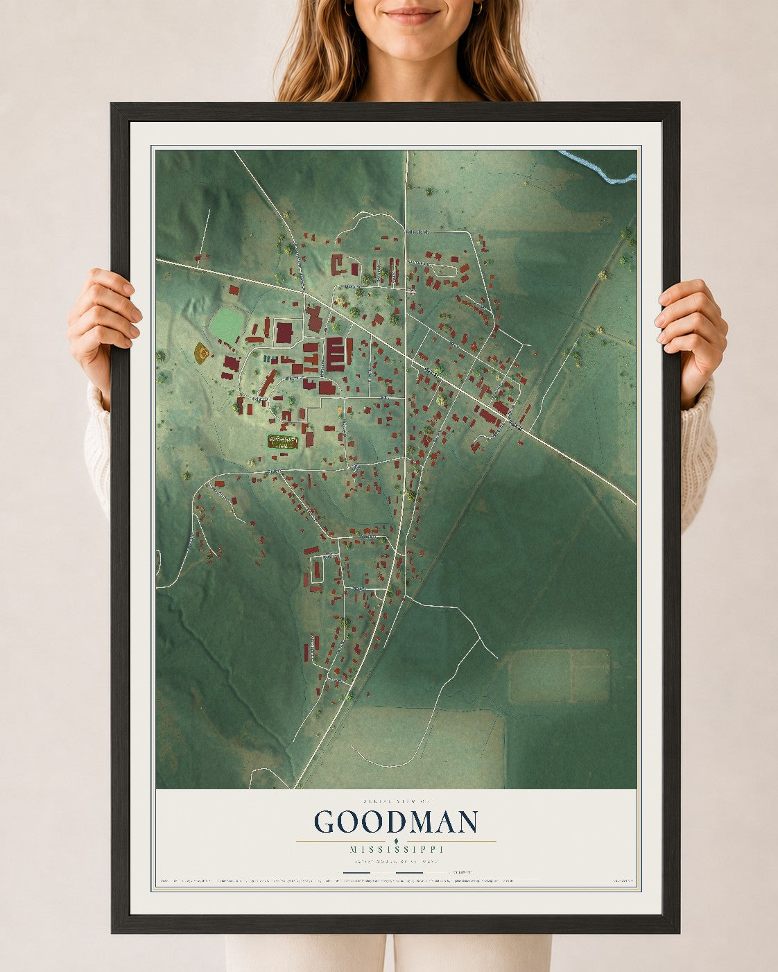 Map of Goodman, Mississippi, 24 x 36 inch print in a black wood frame