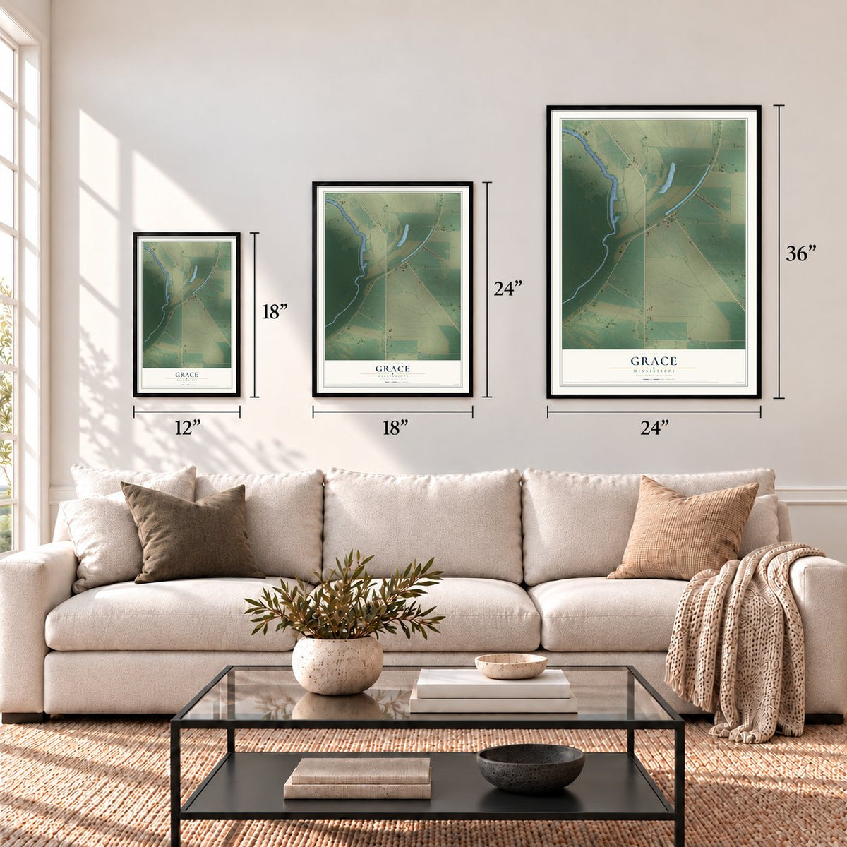 Grace, Mississippi map in 12 x 18, 18 x 24 and 24 x 36 inch sizes above a sofa