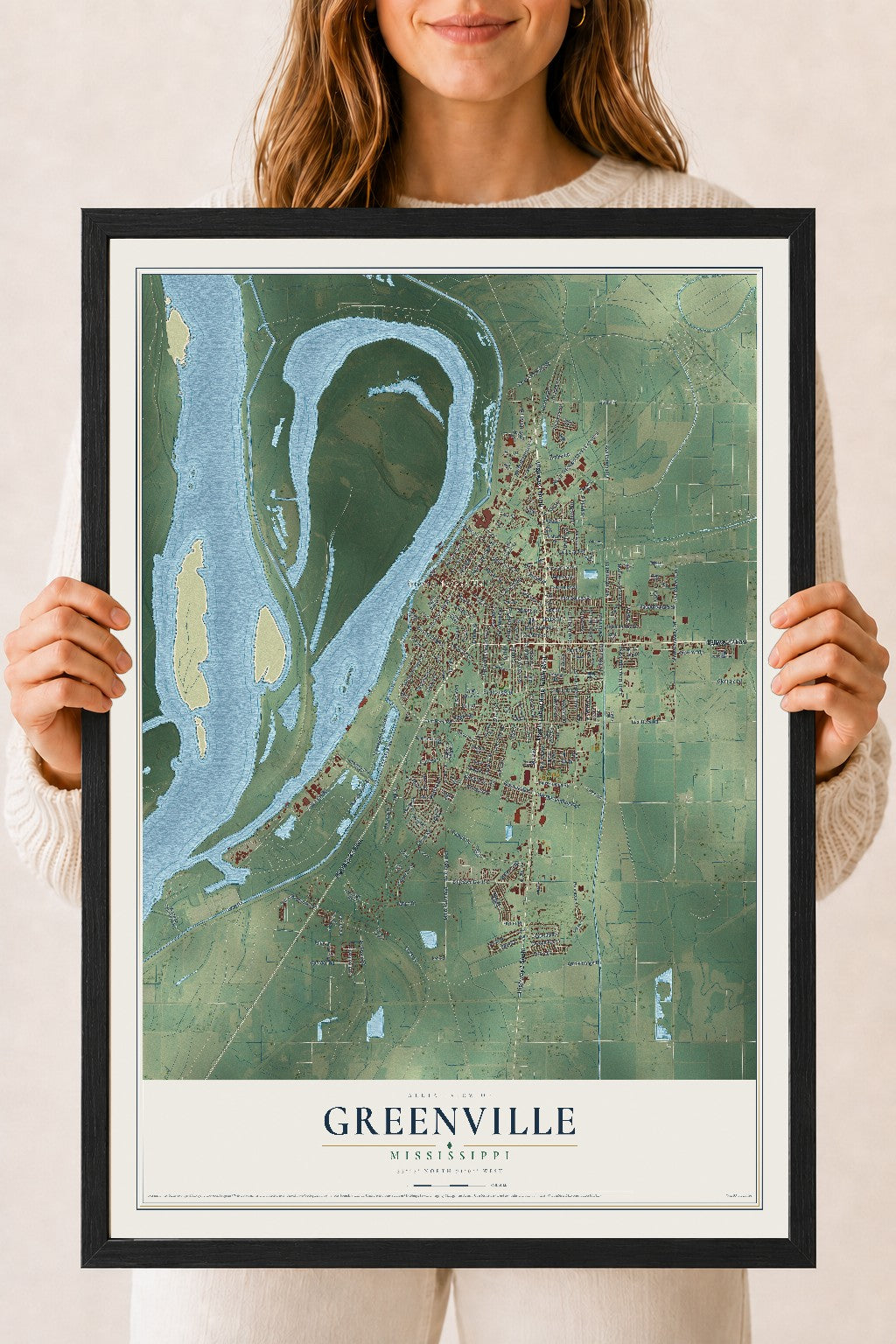 Map of Greenville, Mississippi, 18 x 24 inch print in a black wood frame