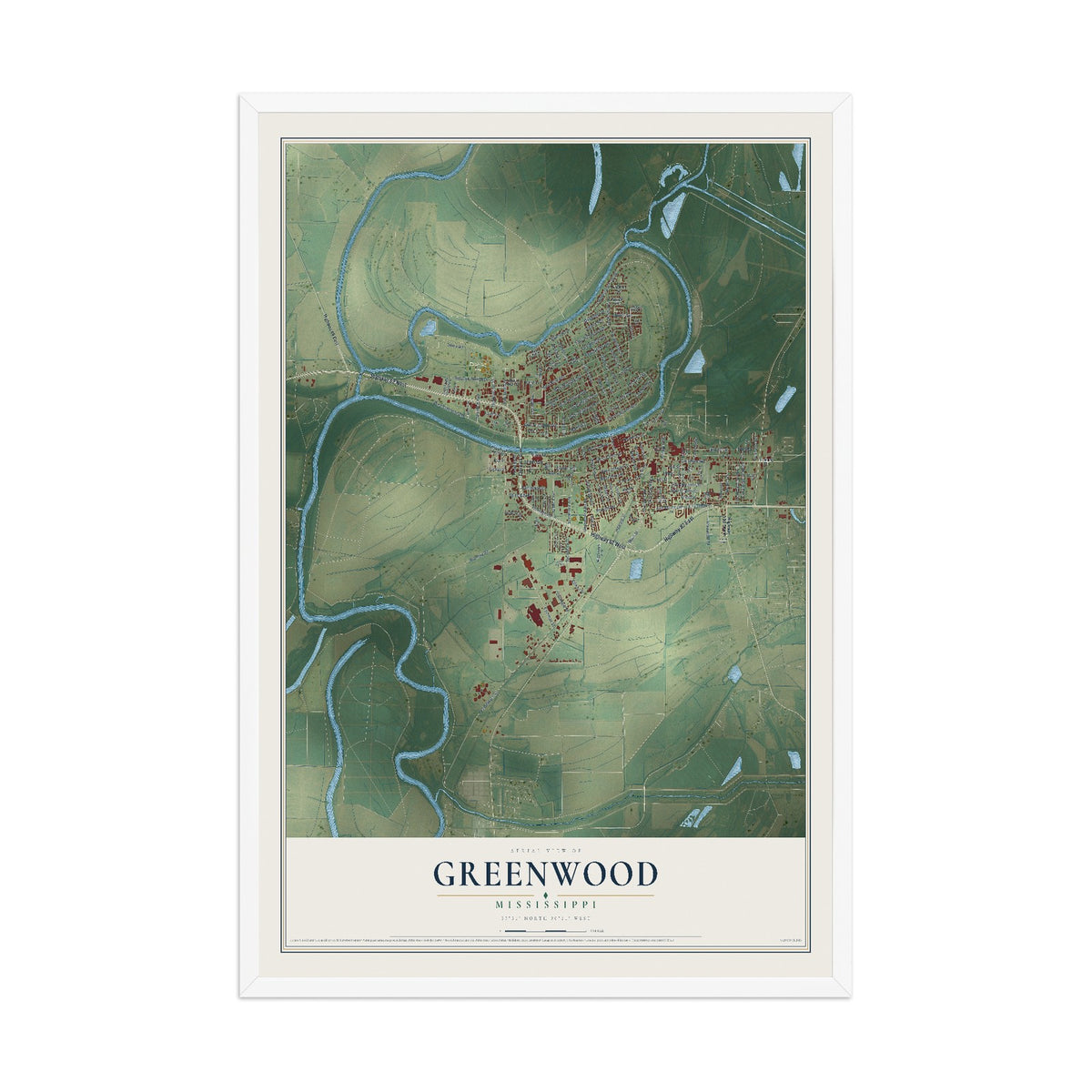 Map of Greenwood, Mississippi, 12 x 18 inch print in a white wood frame
