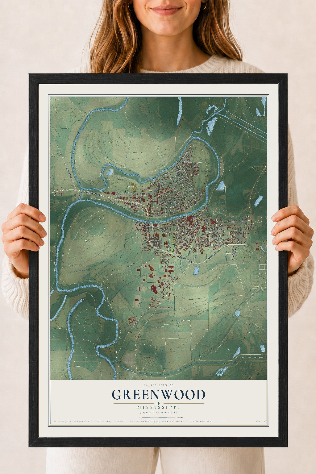 Map of Greenwood, Mississippi, 18 x 24 inch print in a black wood frame