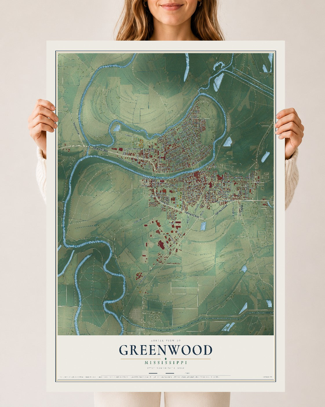 Map of Greenwood, Mississippi, 24 x 36 inch unframed archival matte print