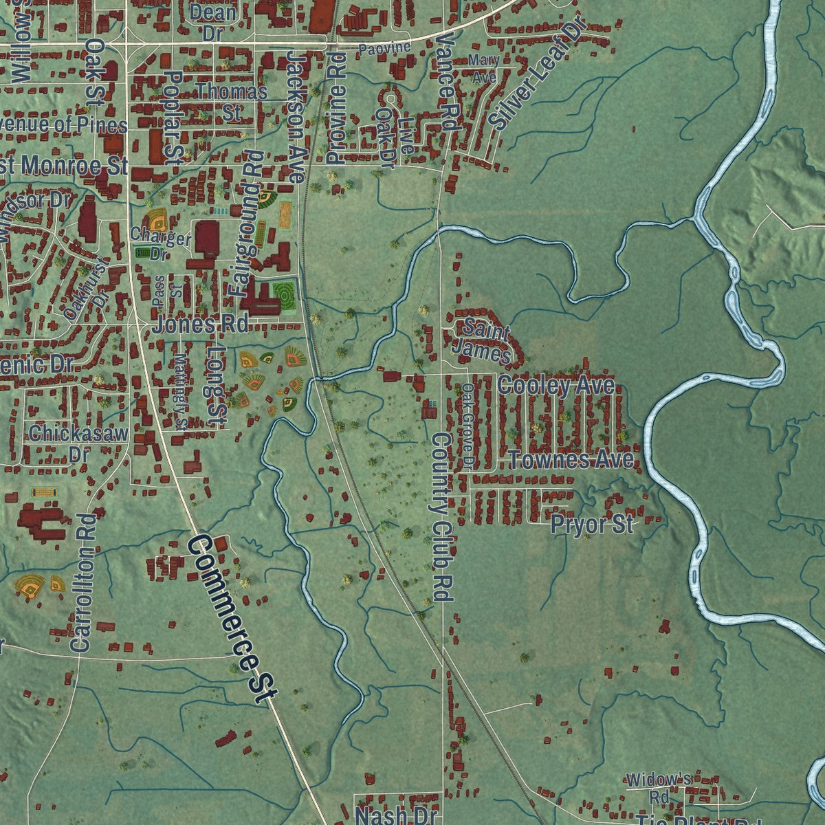 Second close-up of the map of Grenada, Mississippi print showing more streets and buildings