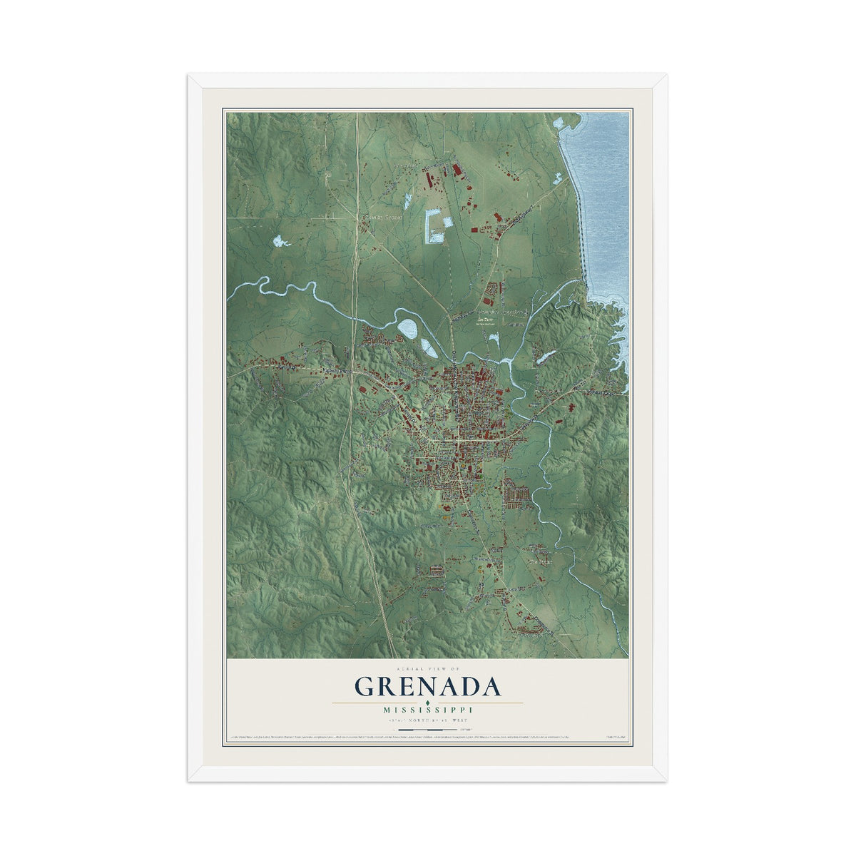 Map of Grenada, Mississippi, 12 x 18 inch print in a white wood frame