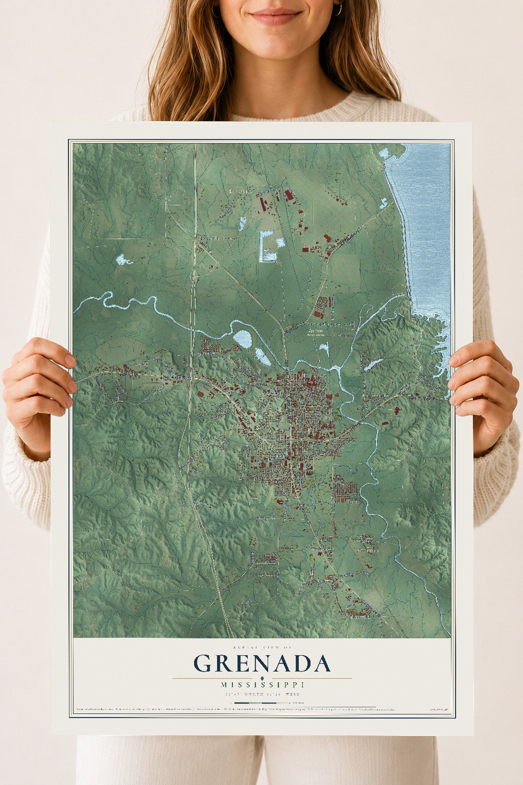 Map of Grenada, Mississippi, 18 x 24 inch unframed archival matte print
