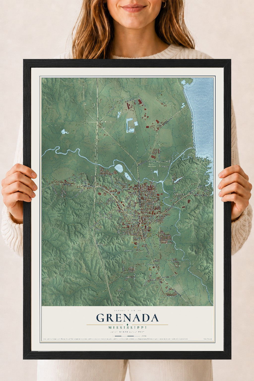 Map of Grenada, Mississippi, 18 x 24 inch print in a black wood frame