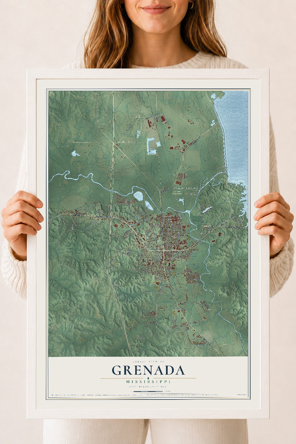 Map of Grenada, Mississippi, 18 x 24 inch print in a white wood frame
