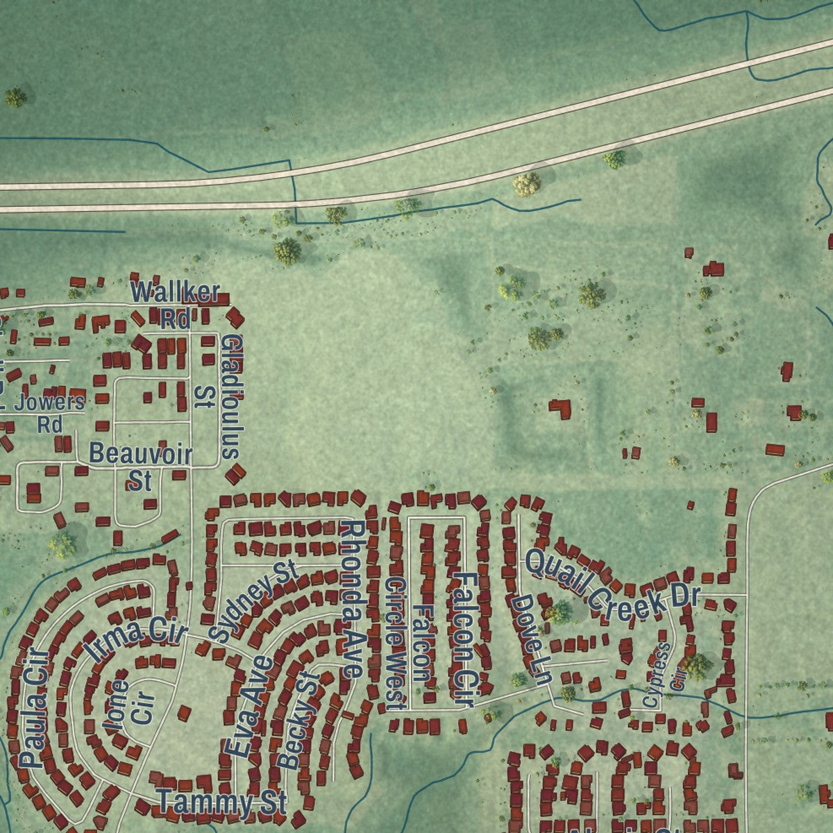 Second close-up of the map of Gulf Hills, Mississippi print showing more streets and buildings