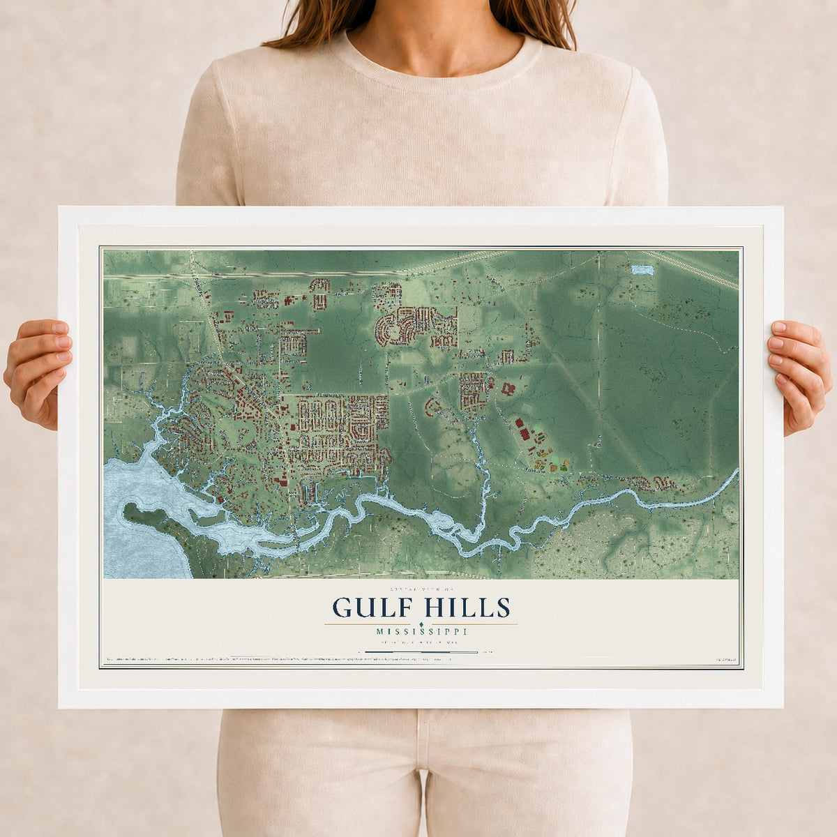 Map of Gulf Hills, Mississippi, 12 x 18 inch print in a white wood frame