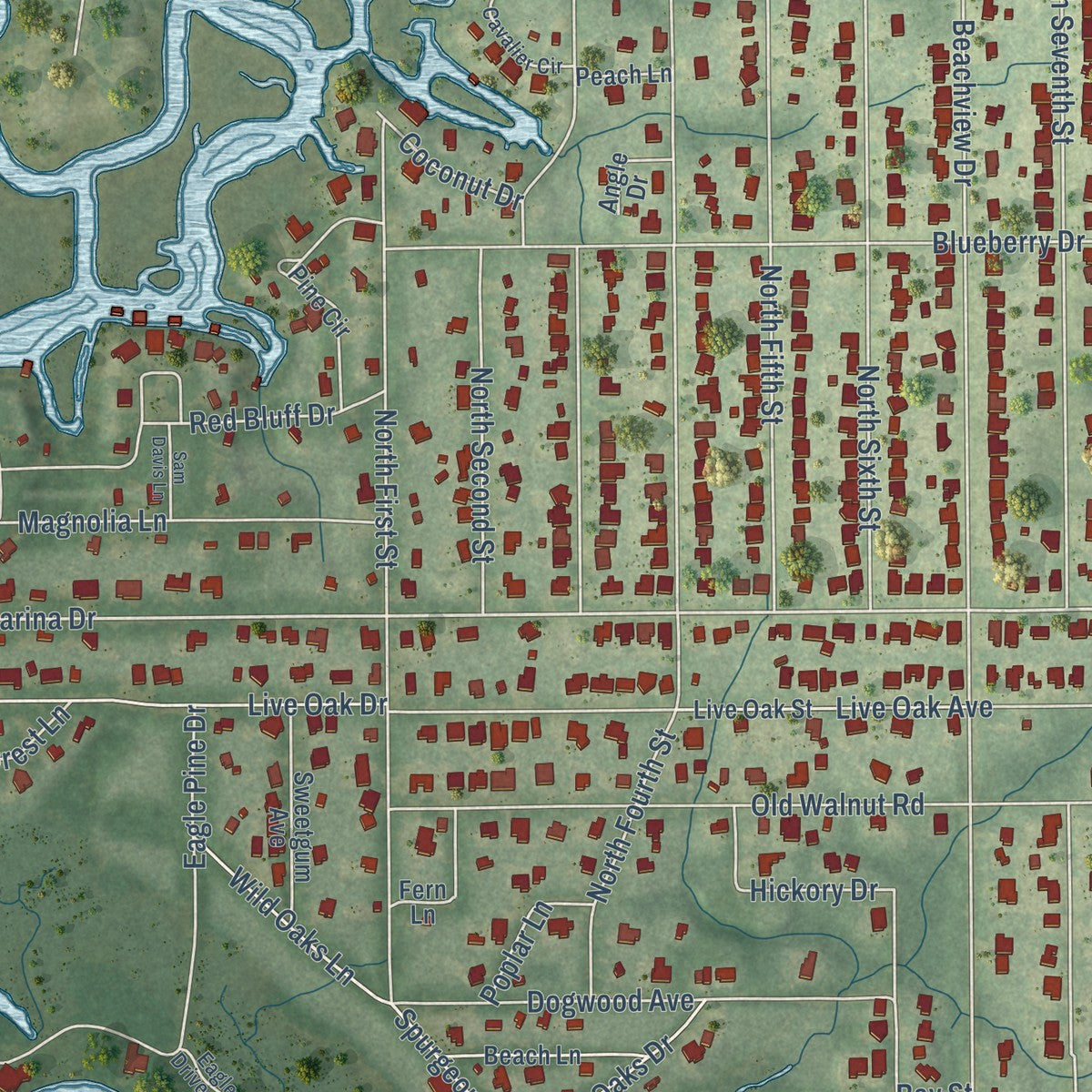 Close-up of the map of Gulf Park Estates, Mississippi print showing street and building detail