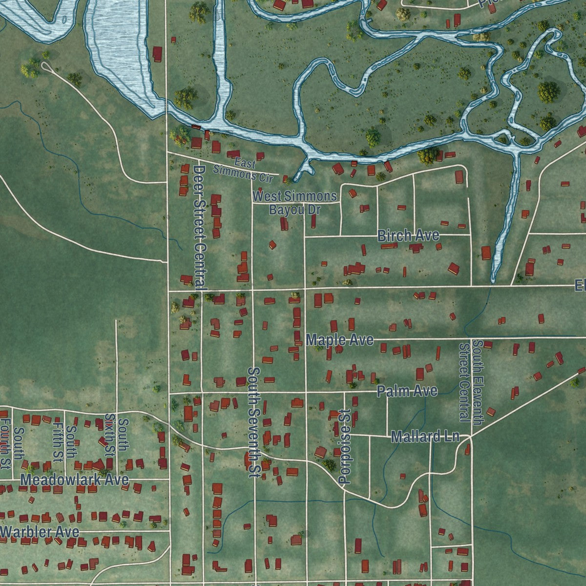 Second close-up of the map of Gulf Park Estates, Mississippi print showing more streets and buildings