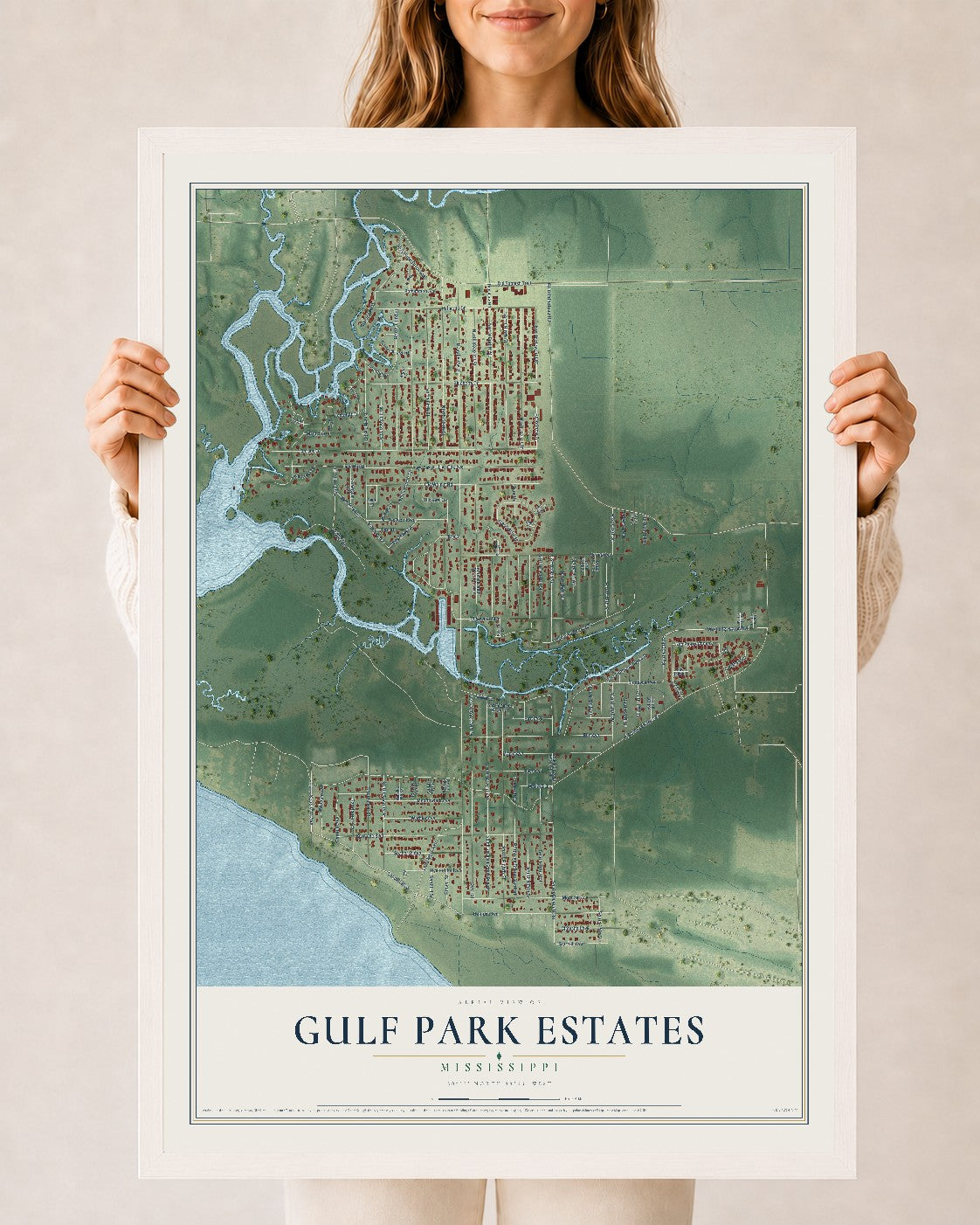 Map of Gulf Park Estates, Mississippi, 24 x 36 inch print in a white wood frame